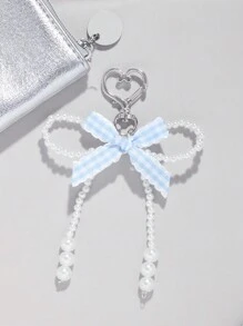 ROMWE Kawaii 2 piezas Llavero de cuentas hecho a mano con diseño dulce y lindo para chicas adolescentes en rosa y azul con patrón de cuadros, con lazo y colgante de corazón, adecuado para mochilas, uso diario y regalos festivos. - Rosa - Ver 8