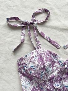 Soleia WYWH Dames Vakantie Vakantie Paarse Bloemen Schouderband Strik Taartjurk Ditsy Bloemen Vierkante Hals Gelaagde Taartjurk, Romantische Bruiloft Seizoen Outfit, Afternoon Tea Outfit, Schattige Jurk