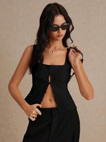 Poéselle 亚麻面料，方领纽扣背心，休闲修身无袖背心/露脐上衣，适合夏季度假、日常休闲通勤，法式风格 - 黑色 - 查看 3