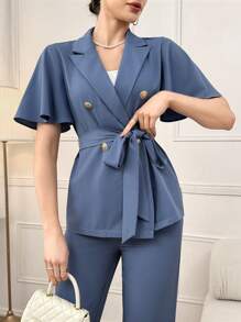 Modelyn Áo khoác hai dây thắt lưng & quần ống đứng cho mùa hè - Màu xanh bụi bặm - Xem 4