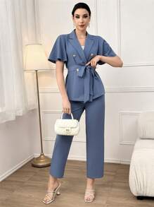 Modelyn Áo khoác hai dây thắt lưng & quần ống đứng cho mùa hè - Màu xanh bụi bặm - Xem 5