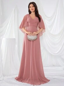UNITHORSE Batwing Sleeve V-Neckline Pressed Pleats Chiffon Dress With Waist Detailing Bridesmaid Dress - Dusty Pink - View 3