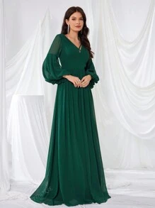 UNITHORSE Front And Back V-Neck Bell Sleeve Lantern Dress Formal Dress Bridesmaid Dress