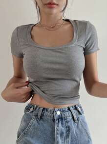 DAZY Women Summer Solid Color Square Neck Slim Short Sleeve T-Shirt