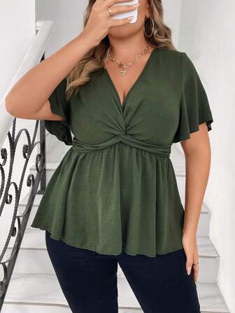 Vionelle Plus Size Women's Summer Solid Color V-Neck Bell Sleeve Short Sleeve Blouse, Peplum Top
