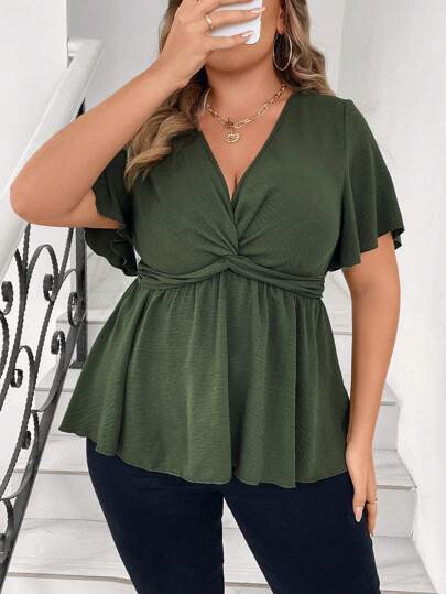 Vionelle Plus Size Women's Summer Solid Color V-Neck Bell Sleeve Short Sleeve Blouse, Peplum Top