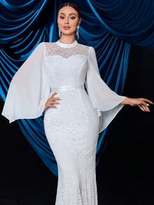 Floral Lace Bell Sleeve Chiffon Mermaid Wedding Dress, White Elegant Long Sleeve Bridal Gown - White - View 8