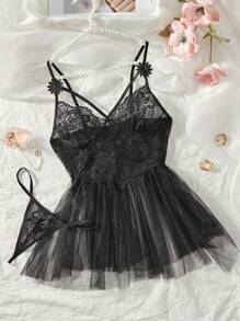 Classic Sexy Lace Contrast Mesh Women Sexy Nightdress + Thong 2-Piece Set
