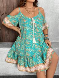 Breezaya Damen Große Größen Urlaubs Losefit Off-Shoulder Kleid mit Pflanzen Muster, Quasten zum Binden für den Sommer
