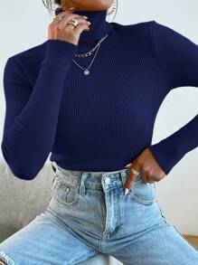 Mulvari Turtleneck Ribbed Knit Sweater Without Necklace For Autumn & Winter,Long Sleeve Tops, Knit Pullover Fall - Royal Blue - View 3