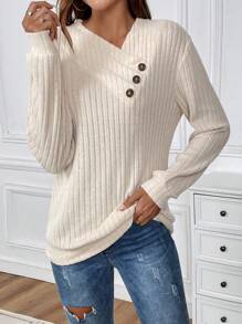 SHEIN LUNE 女士春秋季休闲不对称领纽扣细节套头卫衣 - 杏色 - 查看 6