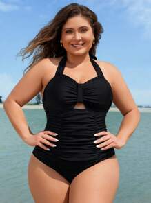 Swim Vcay Plus Size Women Solid Color Draped Halter Monokini Swimsuit For Summer Beach Vacation - Black - View 3