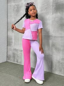 SHEIN Tween Girls'  Asymmetrical Colorblock Ribbed T-Shirt And Flared Pants Set, Sports Outfits