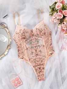 Embroidered Mesh Lace-Up Teddy Bodysuit Lingerie Underwear Bountiful Floral Splendor  Cozy And Elegant Details - Dusty Pink - View 5