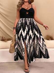 SHEIN VCAY Vestido de talla grande de vacaciones, camiseta de tirantes twist impreso y vestido de parche de patrón combinado, 2 en 1