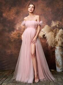 Faeriesty Vestido elegante de tul con hombros descubiertos, abertura alta y detalles de volantes de Dressalisa para baby shower y celebraciones formales | Vestidos de invitada de boda, galas de noche, eventos de etiqueta negra, atuendo para ceremonias de premios - Rosa vieja - Ver 4