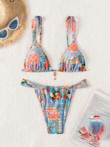 SHEIN Swim Summer Outfits For Women Women's Tropical Plant Printed Sexy Bikini Set For Summer Beach, Two-Piece - Multicolor - View 1