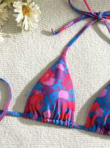 SHEIN Swim Bộ bikini dây buộc cổ in hình học đi biển mùa hè dành cho nữ - Màu xanh lam - Xem 3