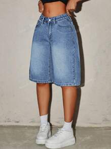 Manon Tanti Pantaloncini di jeans larghi e morbidi da donna con tasche, lunghezza al ginocchio