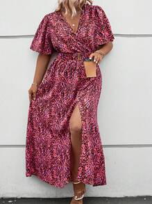 Breezaya 夏季蝴蝶袖分叉連衣裙，無腰帶，全印花設計