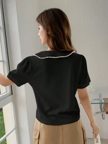 DAZY Women's Summer Faux Pearl Decorated Polo Neck Short Sleeve Casual T-Shirt