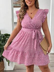 SHEIN LUNE 粉色碎花荷叶袖系腰连衣裙 - 粉色 - 查看 5