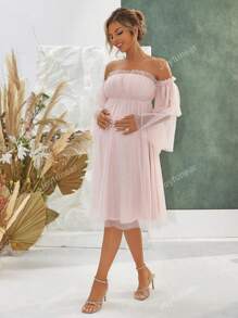 Joyfunear Elegant Maternity Off Shoulder Ruffle Sleeve Mesh Dress