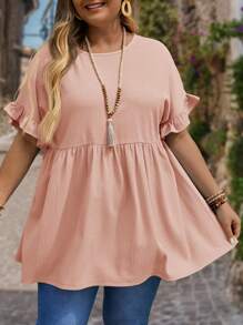 EMERY ROSE Plus Size Women's Fashionable Loose Round Neck Lace Sleeve Light Blue Shirt Mother's Day