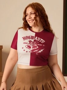 HARRY POTTER X SHEIN Camiseta de talla grande casual clásica con bloque de color y diseño de Hogwarts, adecuada para uso diario