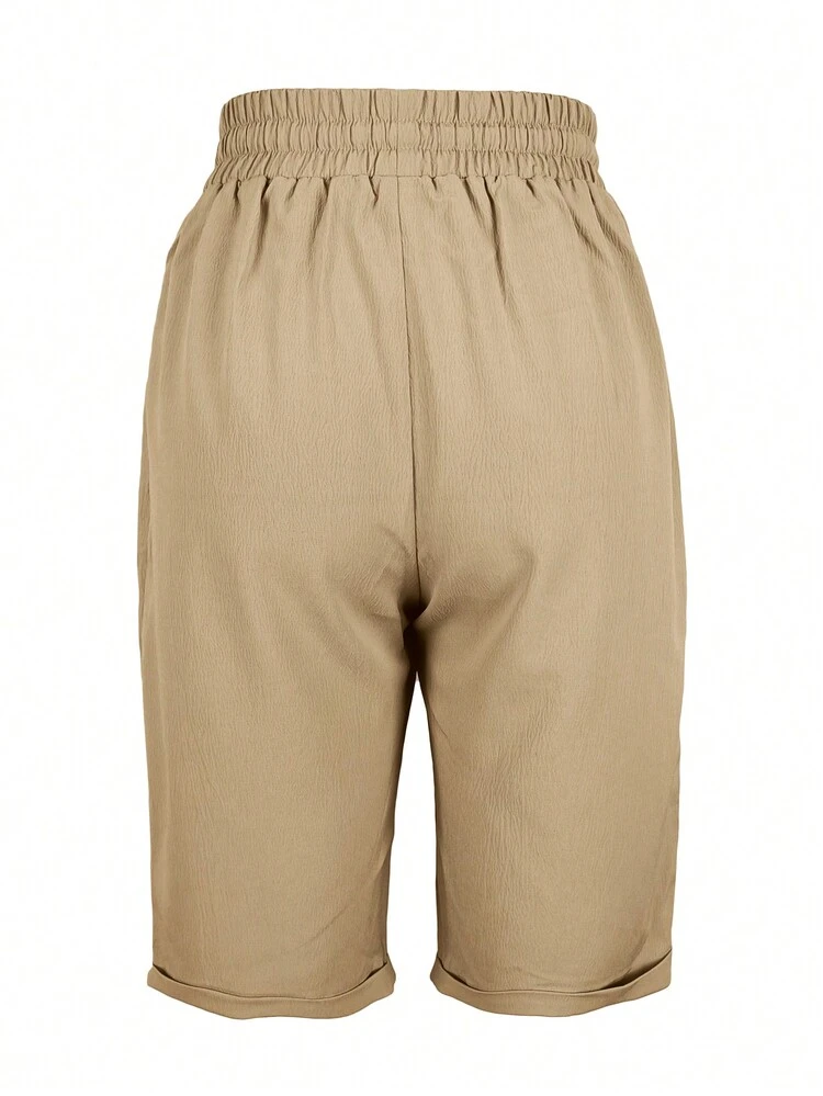 Women's Solid Color Drawstring Waist Pocket Casual Bermuda Shorts Summer - Khaki - View 2