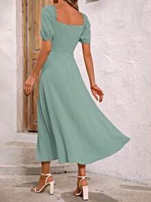 Breezaya Swiss Polka Dot Belted Split Hem Simple Summer Casual Dress - Green - View 2