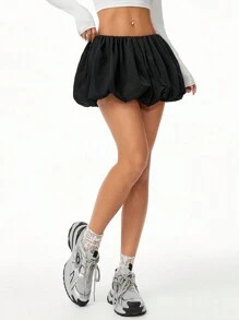 Coolane 夏季休閒純色防風外套面料低腰迷你氣泡裙 - 黑色 - 查看 9