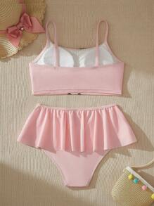 Mr Men Little Miss X SHEIN Tween Girl Elastic Knitted Casual Cartoon And Letter Graphic Bikini Set Summer Beach - Multicolor - View 2