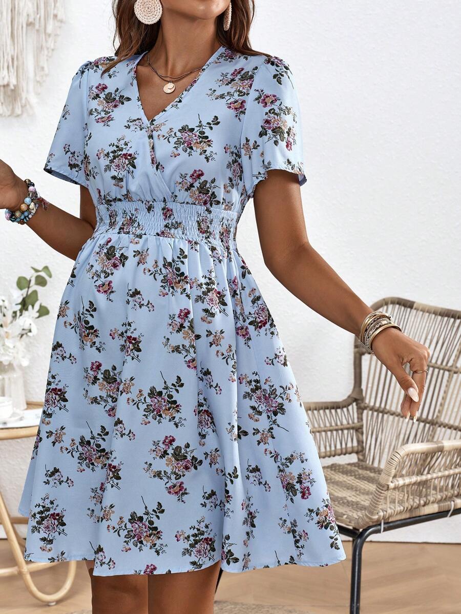 SHEIN Maternity Floral Print V Neck Dress - Blue - View 1