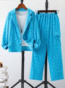 SHEIN Tween Boys Leopard Jacquard Lapel Neck Shirt & Pants For Spring & Autumn - Blue - View 1