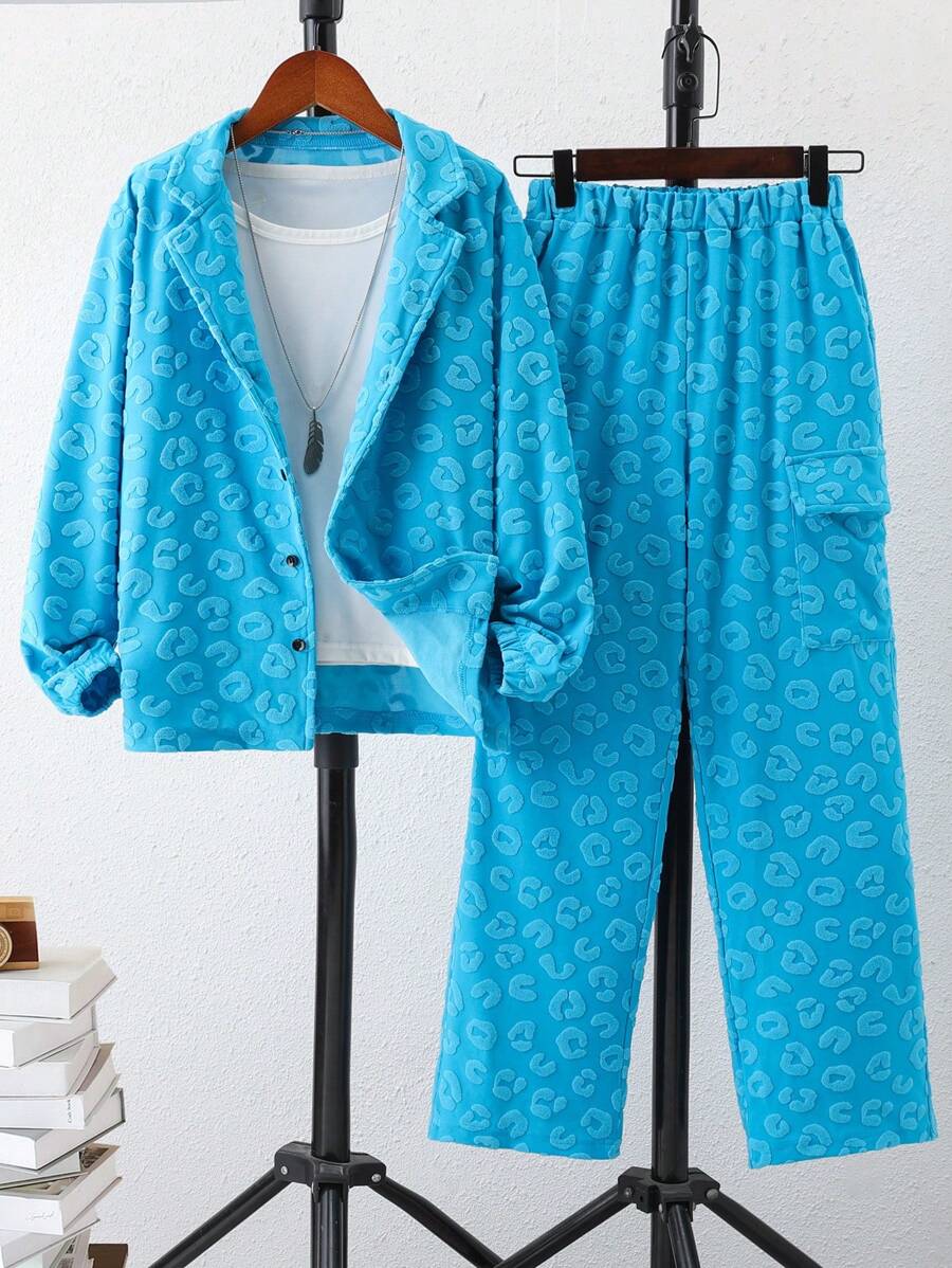 SHEIN Tween Boys Leopard Jacquard Lapel Neck Shirt & Pants For Spring & Autumn - Blue - View 1