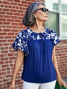 SHEIN LUNE Women Casual Summer Floral Print Tie-Down Blue Top - Blue - View 4