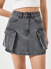 SHEIN Cottnline HIGH  WAIST MINI SKIRT CARGO POCKETS - Grey - View 3