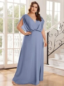 SHEIN Belle Elegant Plus Size Bridesmaid Dress With A Slouchy Drop Shoulder Neckline - Dusty Blue - View 6