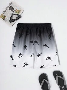 Surfspeed Men's Vacation Loose Fit Shark Printed Drawstring Waist Beach Shorts - Black and White - View 2