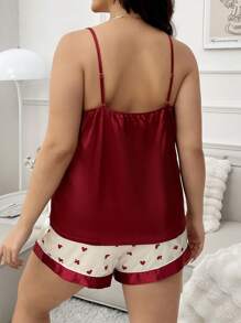 Plus Size Satin Camisole Top And Color-Block Heart Printed Shorts Pajama Set - Burgundy - View 2