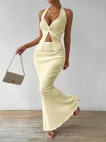 Rafferiza Twist Front Backless Halter Top & Mermaid Hem Skirt For Summer - Apricot - View 7