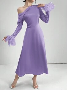 Modelyn 女士优雅纯色不对称领口羽毛点缀长裙，夏季长款晚礼服 - 紫色 - 查看 7