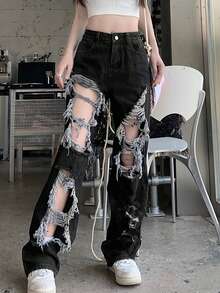 Ripped Distressed Women's Jeans, Versatile - Black - View 5