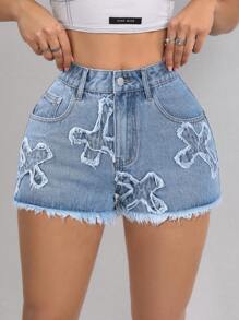 SHEIN ICON Cross Patch Women's Pockets Denim Shorts - Light Wash - View 4
