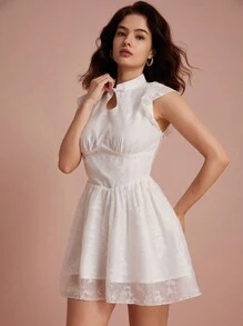 Chiquease Váy in họa tiết ngẫu nhiên theo phong cách Trung Hoa, cổ khoét sâu, tay bồng và viền xòe - trắng - Xem 6