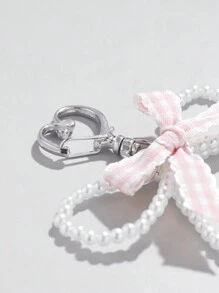 ROMWE Kawaii 2 piezas Llavero de cuentas hecho a mano con diseño dulce y lindo para chicas adolescentes en rosa y azul con patrón de cuadros, con lazo y colgante de corazón, adecuado para mochilas, uso diario y regalos festivos. - Rosa - Ver 3
