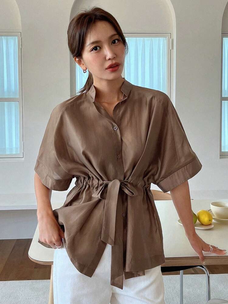 Women's Business Casual Tie Waist Short Sleeve Shirt Summer Preppy Tops