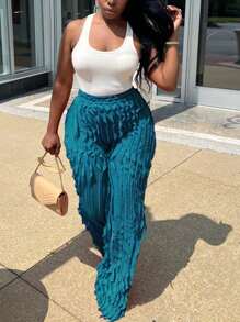 Tulle Ruffle Hem Loose High Waist Wide Leg Pants Summer Spring Streetwear - Blue - View 1