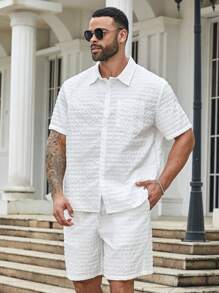 Manfinity Homme 男士大尺碼夏季休閒純色短袖鈕扣襯衫和短褲套裝 - 白色 - 查看 5